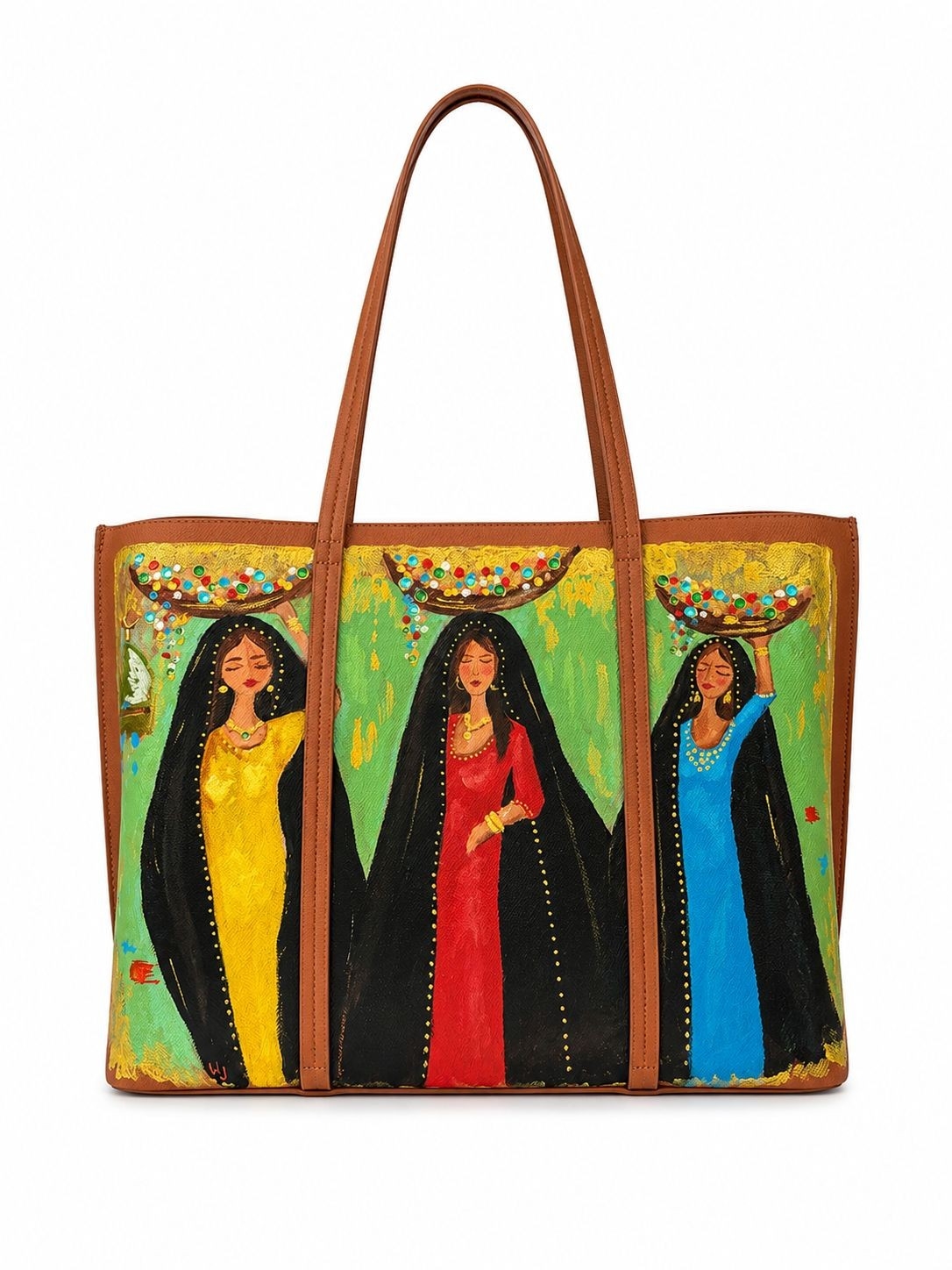 Women Tote Hand-Painte In Brown With Multicolor Artwork